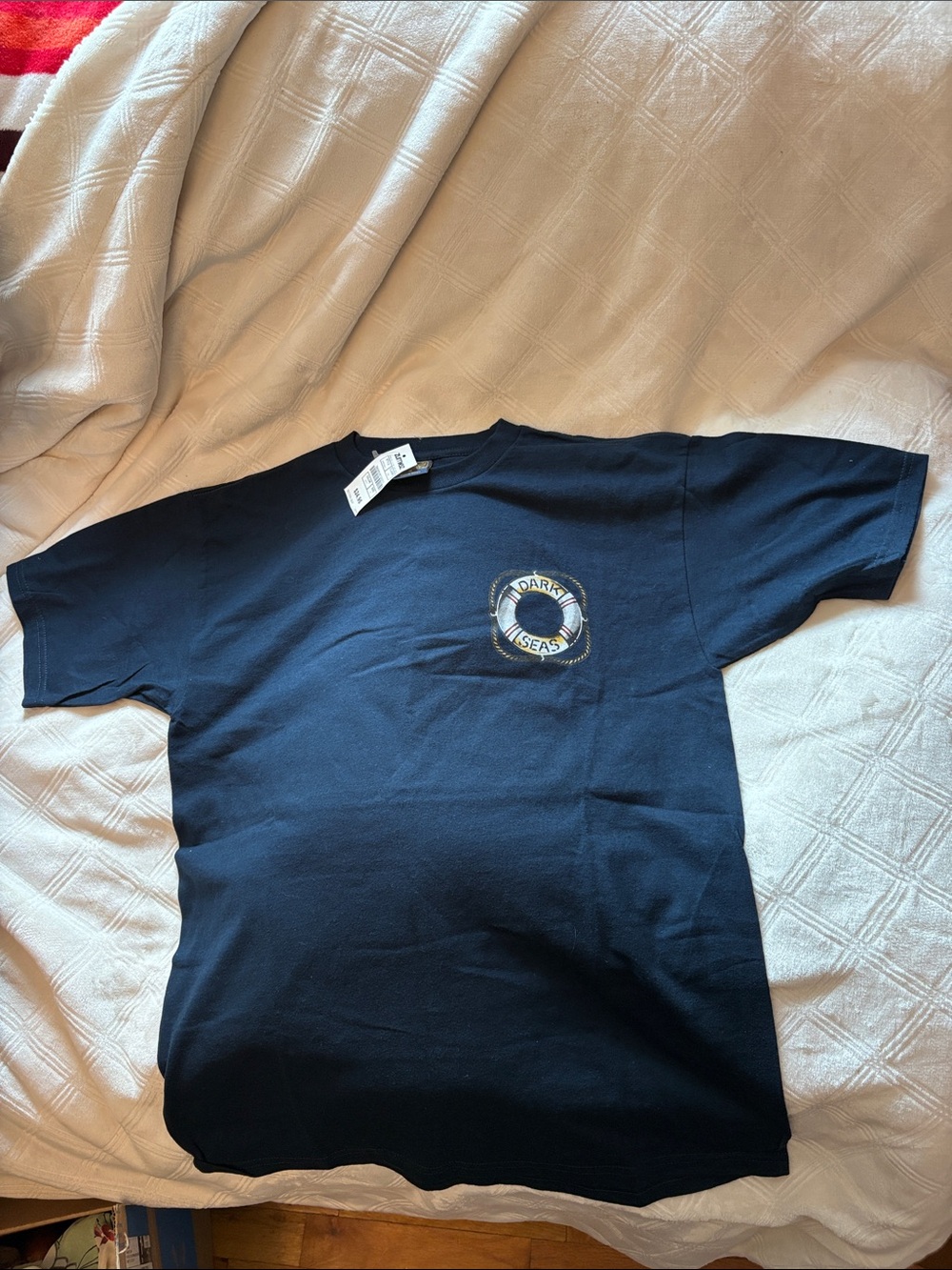Dark Seas Navy Short Sleeve Logo T-Shirt New With Tags Ship On Back of Shirt